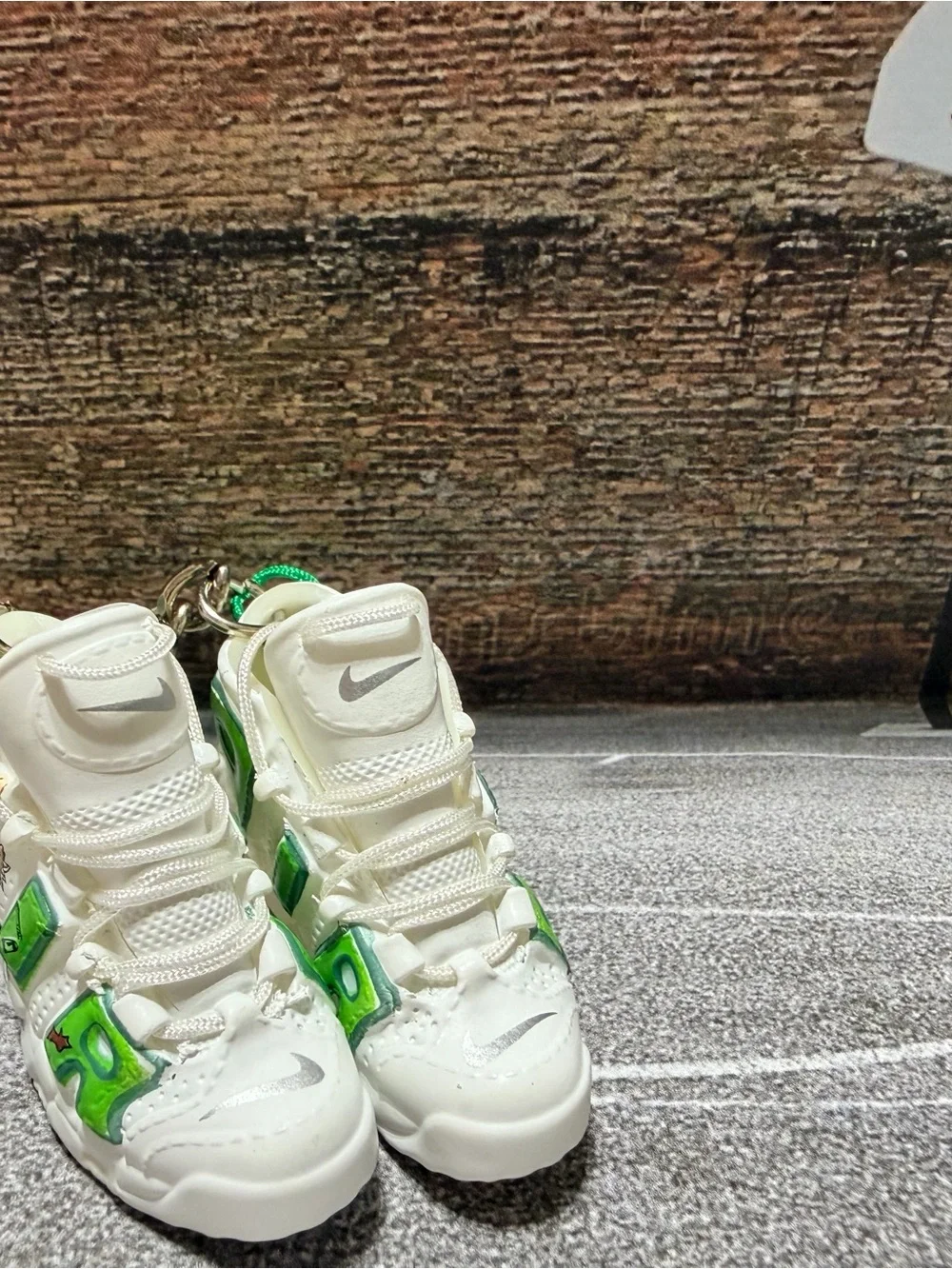 Nike Air Uptempo White Sneakers with Green & Yellow Accents Keychain Collectible